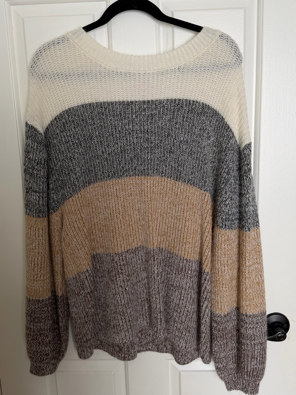 Pink Lily Colorblock Crew Neck Sweater - Cream, Gray & Tan